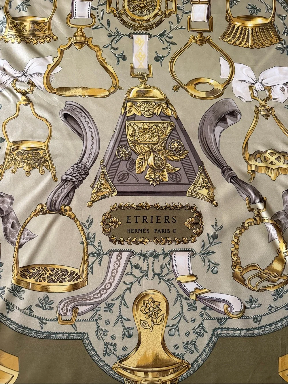 Hermes Etriers Silk Scarf with Gold Equestrian Hardware Print in Olive and Cream - Picture 2 of 16